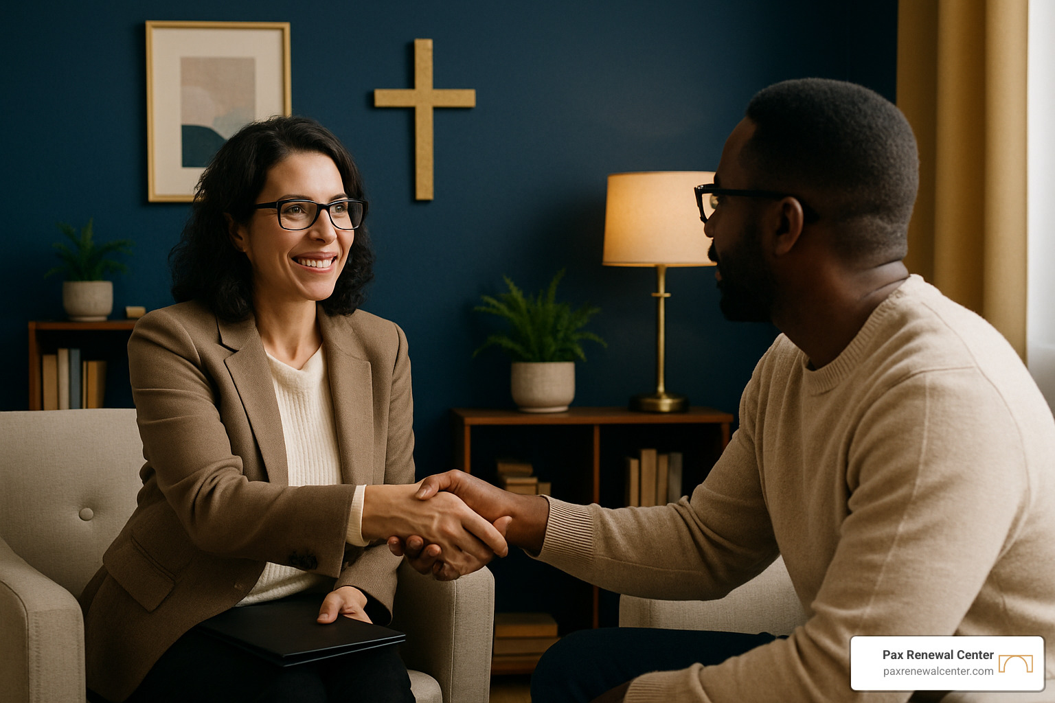 therapist and client handshake, faith-based therapy, blue and gold - faith based therapy