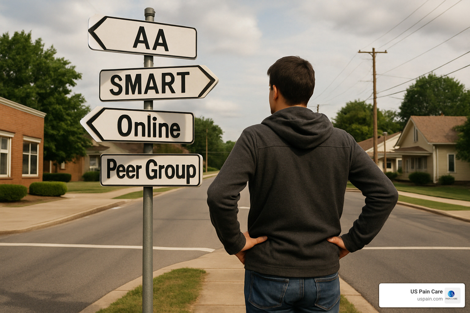 Person at crossroads with signs pointing to AA, SMART, Online, Peer Group - finding the right support network addiction recovery