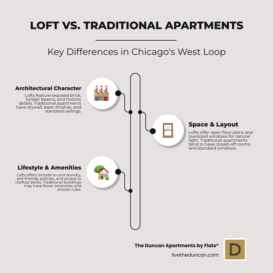 Infographic comparing classic loft features (exposed brick, timber beams, factory windows, open layout) vs. traditional apartment features (drywall, standard ceilings, smaller windows, carpeted floors) - west loop loft apartments for rent infographic infographic-line-3-steps-neat_beige