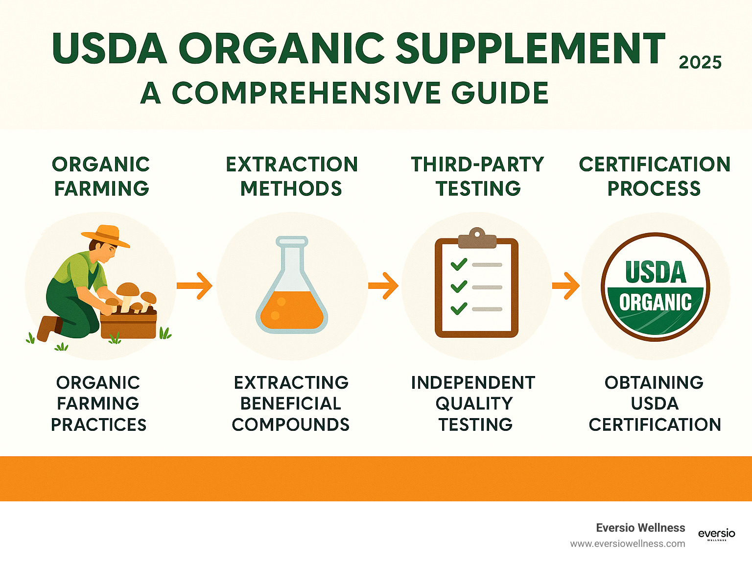 Comprehensive guide showing the journey from organic mushroom cultivation to USDA certified supplement production, including farming practices, extraction methods, third-party testing, and certification process - usda organic supplement infographic 