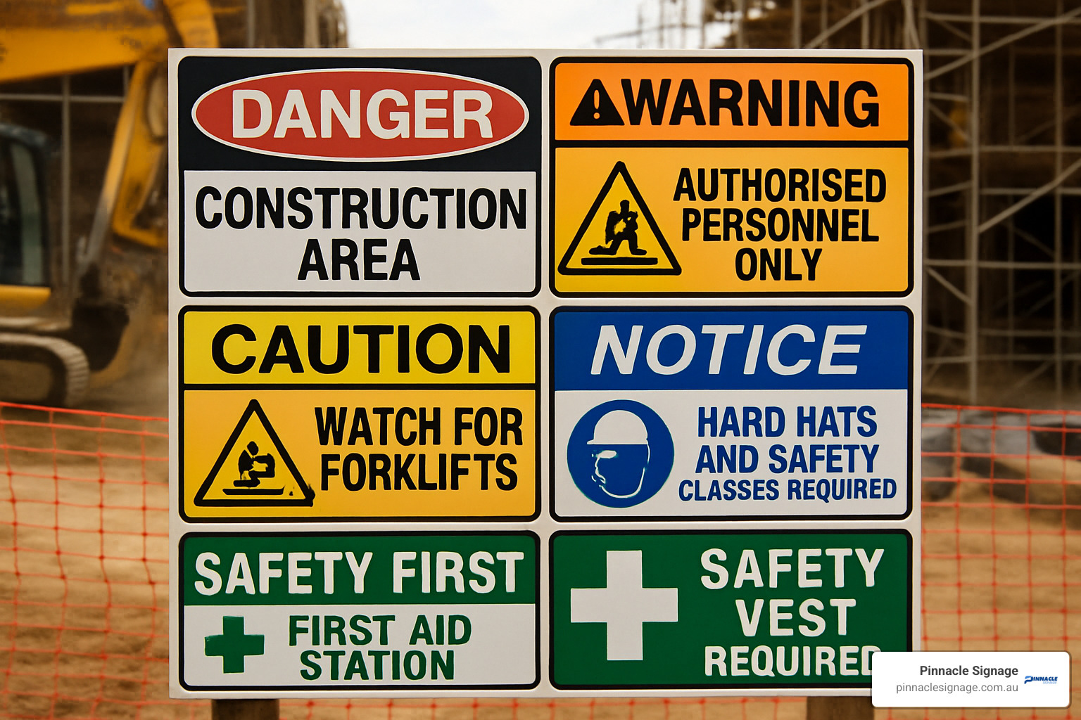 Mixed signboard showing various building site hazard signs including danger, warning, caution, notice, and safety instruction signs - building site hazard signs Mixed signboard showing various building site hazard signs including danger, warning, caution, notice, and safety instruction signs - building site hazard signs