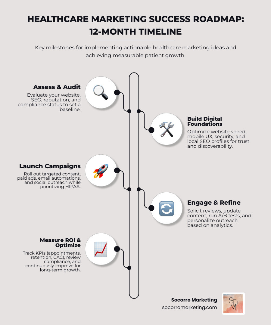 Healthcare marketing success roadmap showing implementation timeline, key milestones, and expected ROI improvements over 12 months - healthcare marketing ideas infographic infographic-line-5-steps-neat_beige