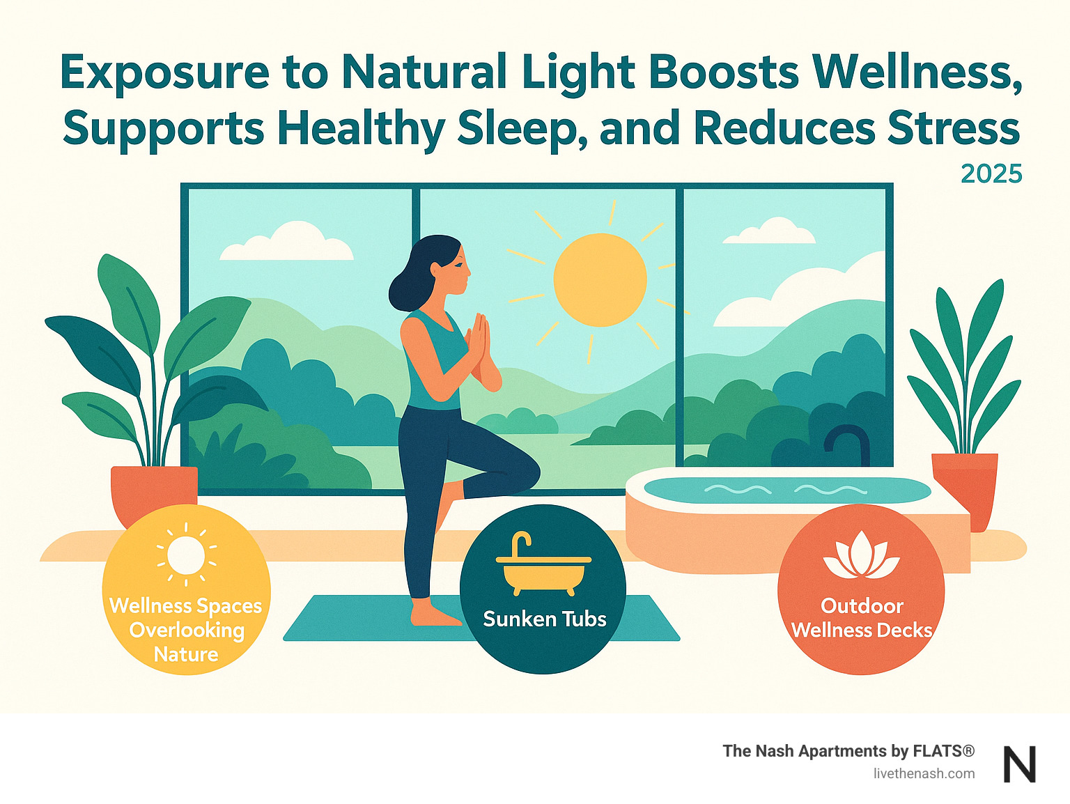 Infographic: Exposure to natural light boosts wellness, supports healthy sleep, and reduces stress - apartments with panoramic views infographic 