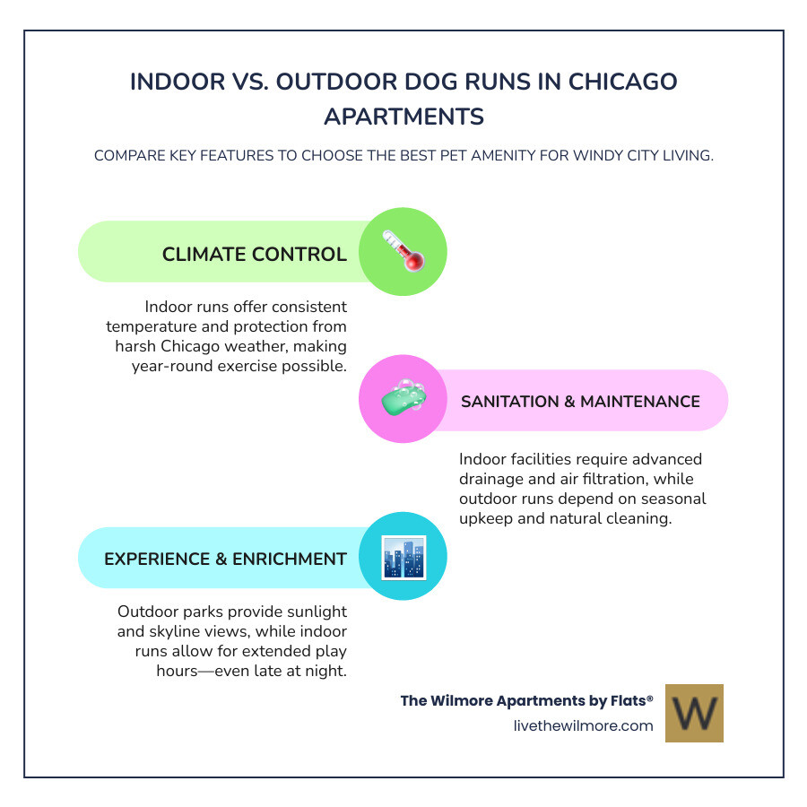 Indoor vs outdoor dog run comparison showing climate control features - Chicago apartments with dog parks infographic infographic-line-3-steps-colors