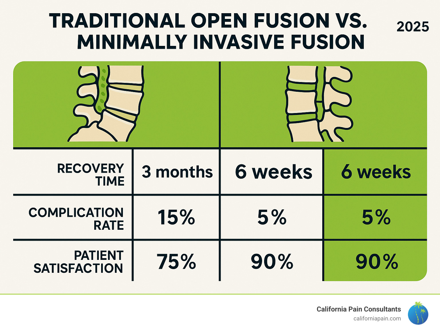 Statistical comparison showing traditional open fusion versus minimally invasive fusion outcomes including recovery time, complication rates, and patient satisfaction scores - neck pain, neuromodulation, minimally invasive lumbar fusions infographic Statistical comparison showing traditional open fusion versus minimally invasive fusion outcomes including recovery time, complication rates, and patient satisfaction scores - neck pain, neuromodulation, minimally invasive lumbar fusions infographic