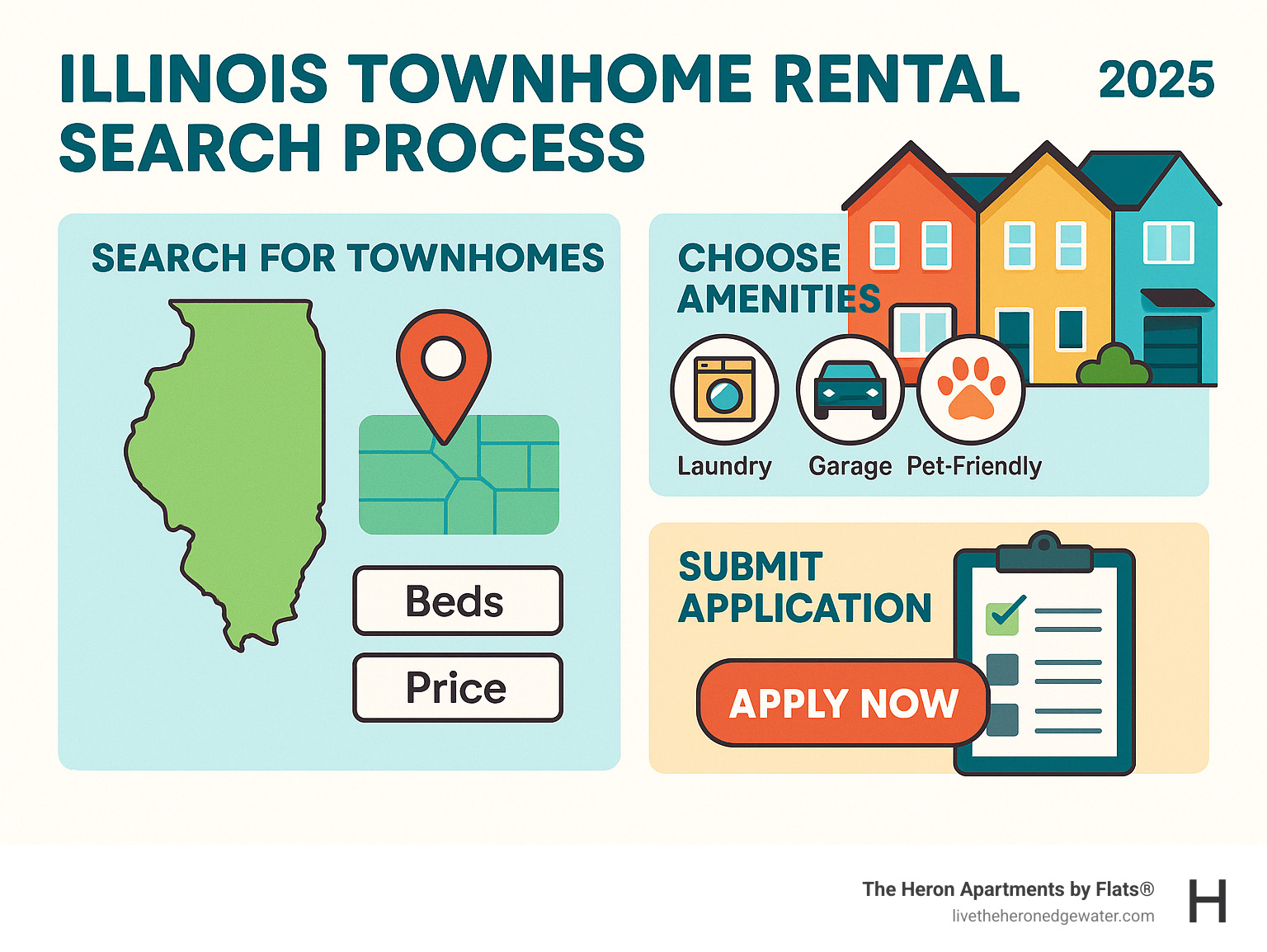 Illinois townhome rental search process showing map filters, amenity options, and application steps - townhomes for rent Illinois infographic 