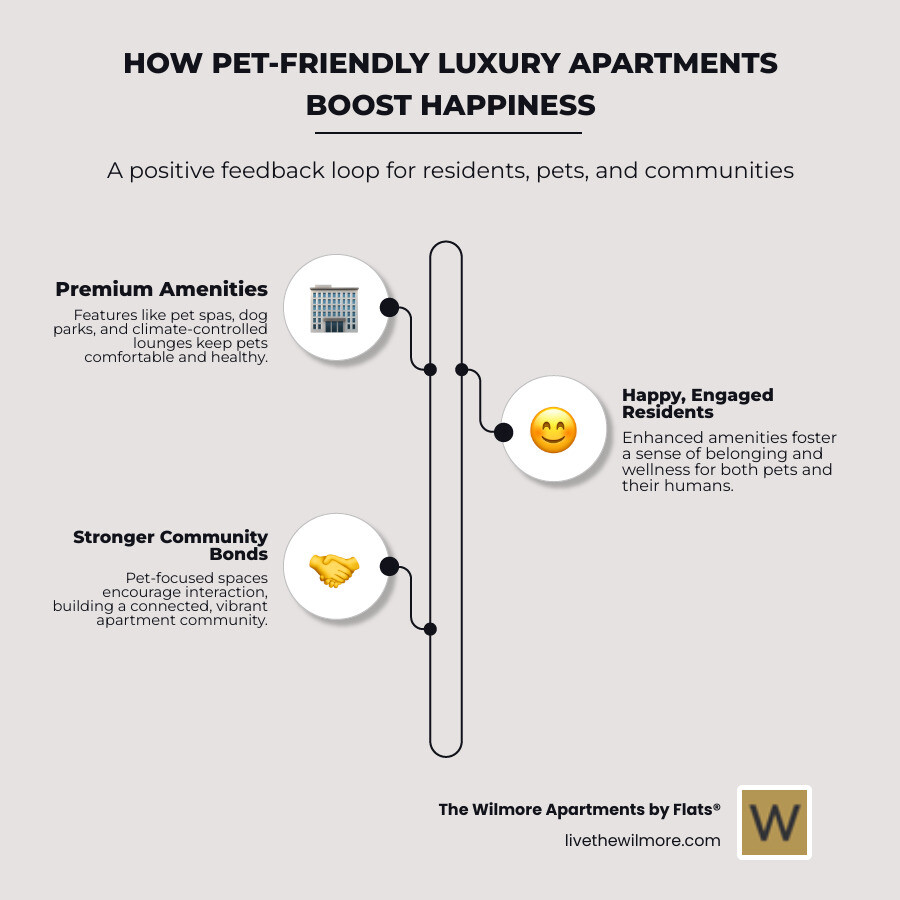 Infographic illustrating the positive feedback loop between pet-friendly amenities, resident satisfaction, community engagement, and overall wellness in luxury apartment living - Pet-friendly luxury apartments infographic infographic-line-3-steps-neat_beige