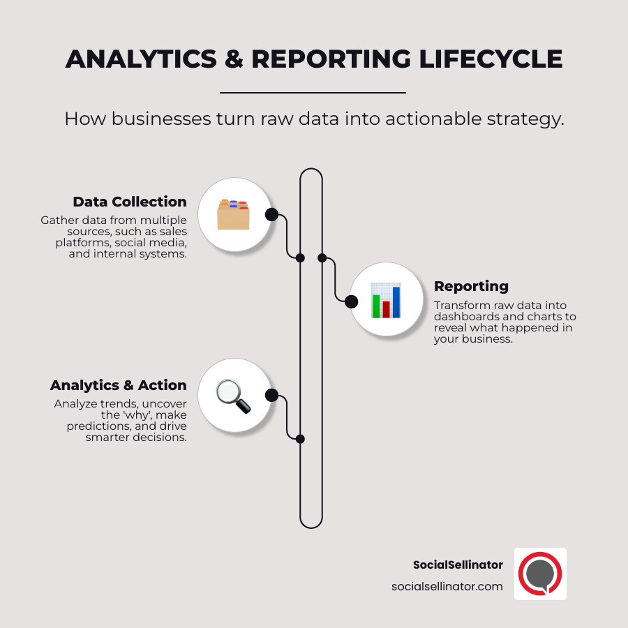 Comprehensive infographic illustrating the analytics and reporting lifecycle—from data collection and “what happened” dashboards to advanced analysis and strategic action