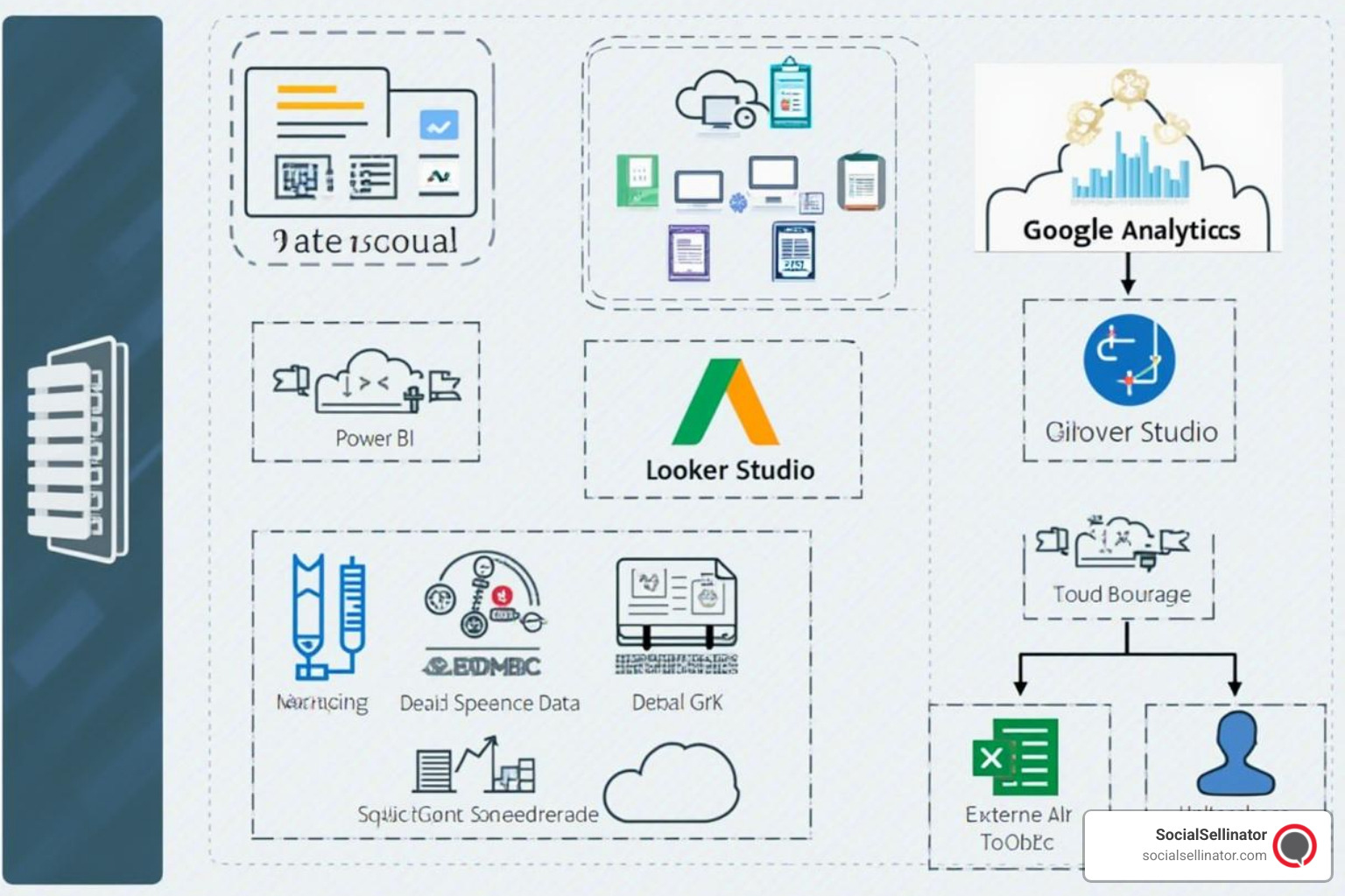 Data stack architecture showing various analytics and reporting tools connected to data sources - Analytics & Reporting
