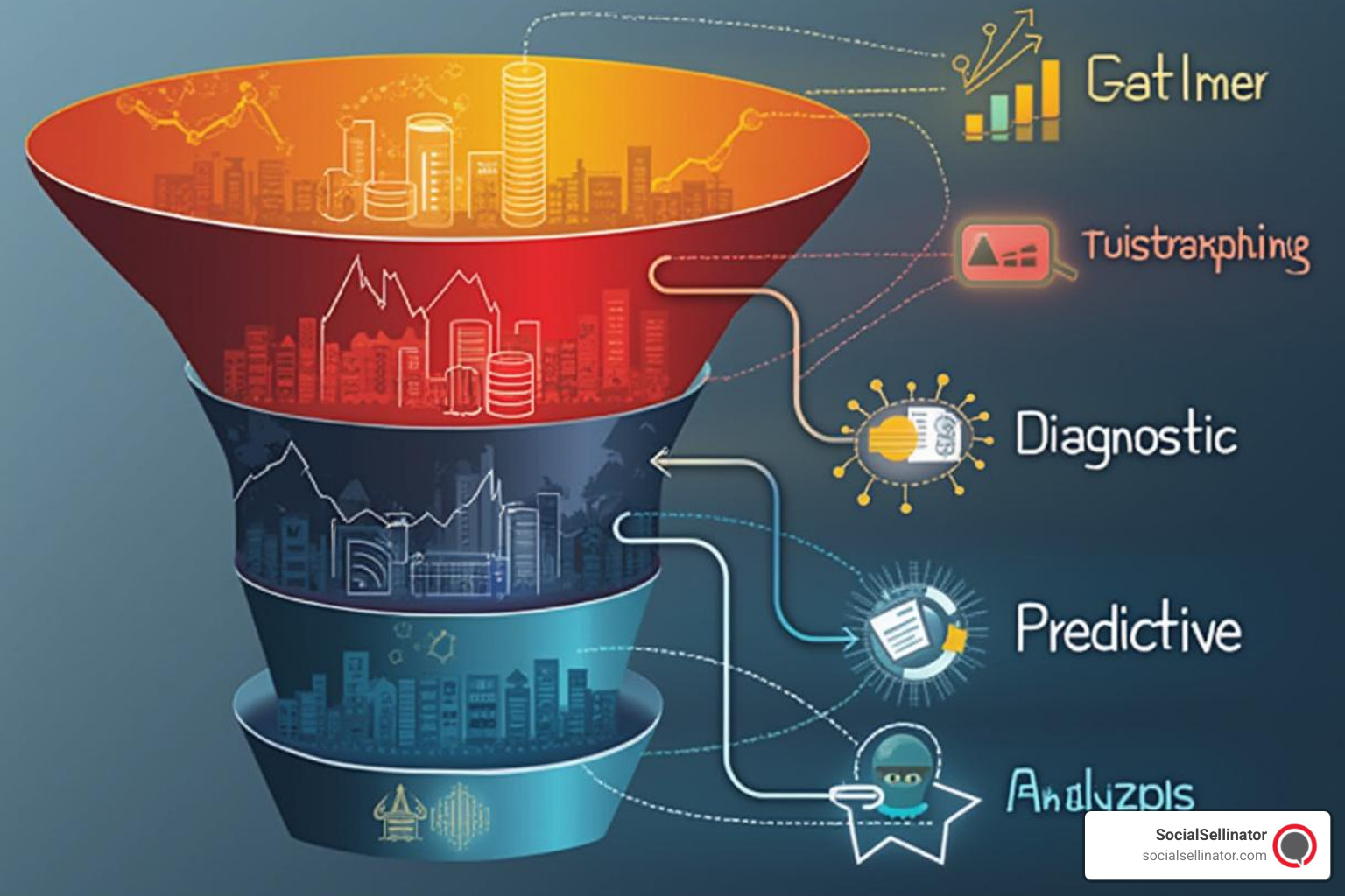 Analytics process funnel showing data flowing from collection through descriptive, diagnostic, predictive, and prescriptive analytics stages - Analytics & Reporting