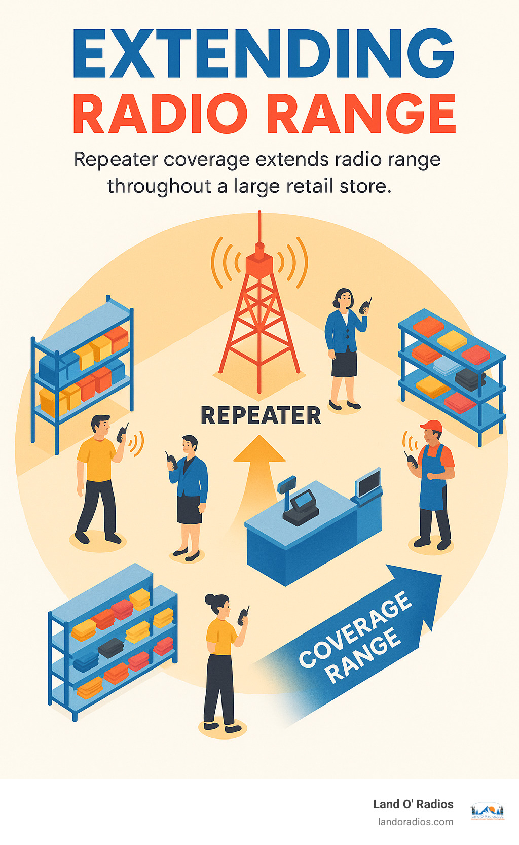 Infographic showing repeater coverage map extending radio range throughout a large retail store - retail radios infographic 