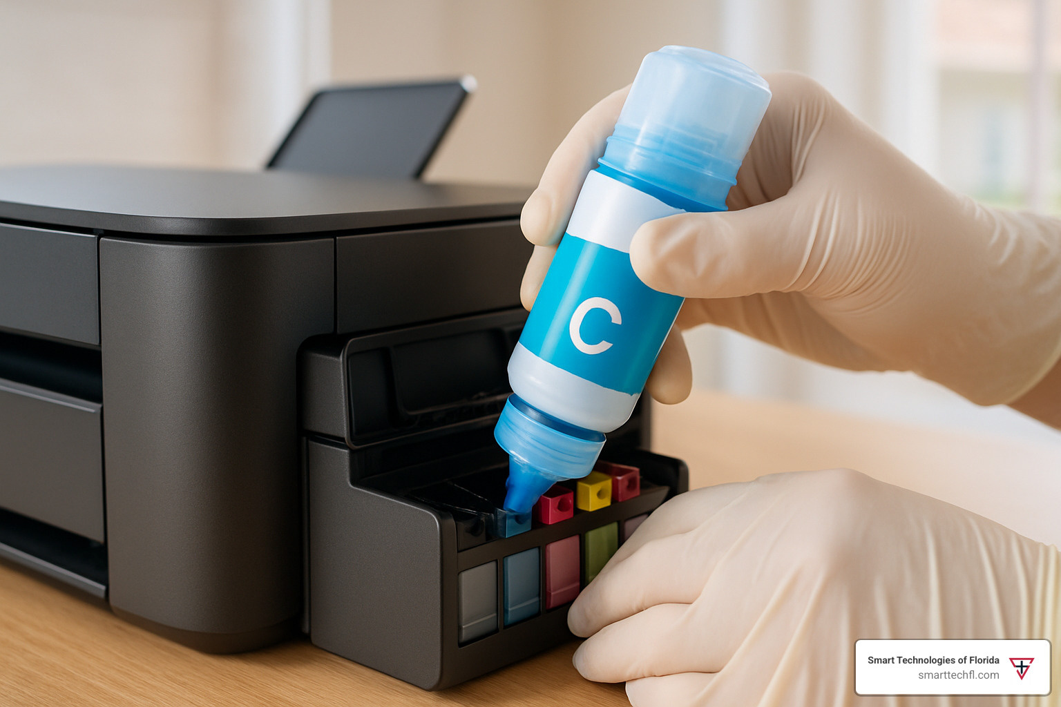 hands wearing gloves carefully refilling printer ink tank with color-coded bottle - printer ink tank refill