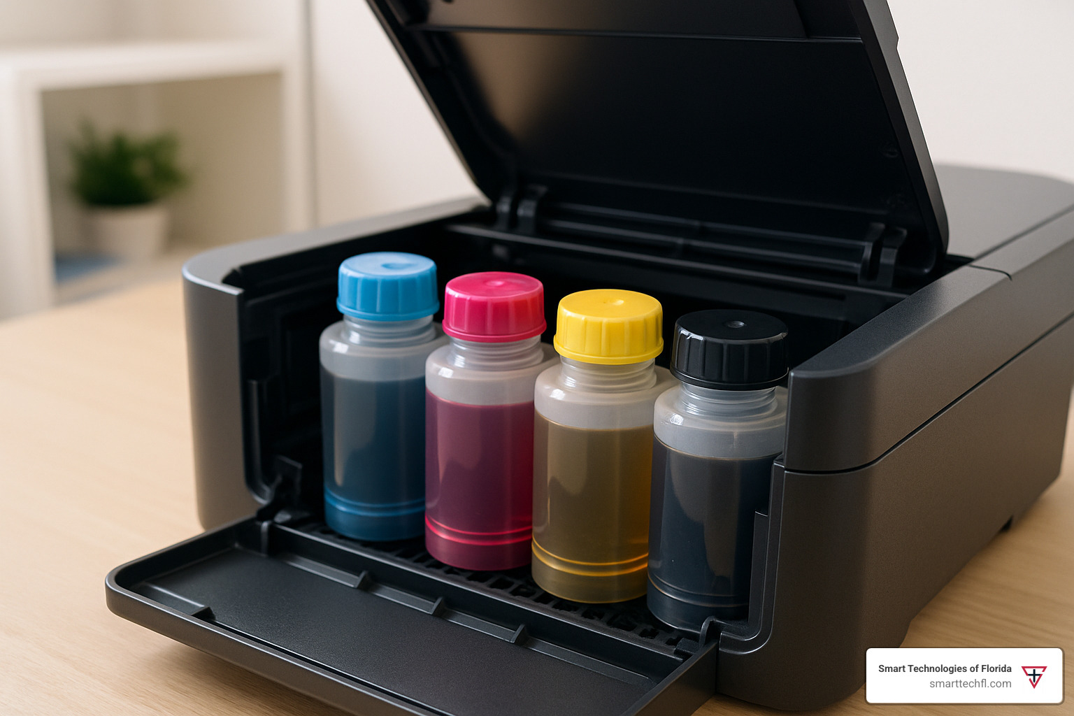 open printer ink tank cover showing transparent tanks with color-coded caps - printer ink tank refill