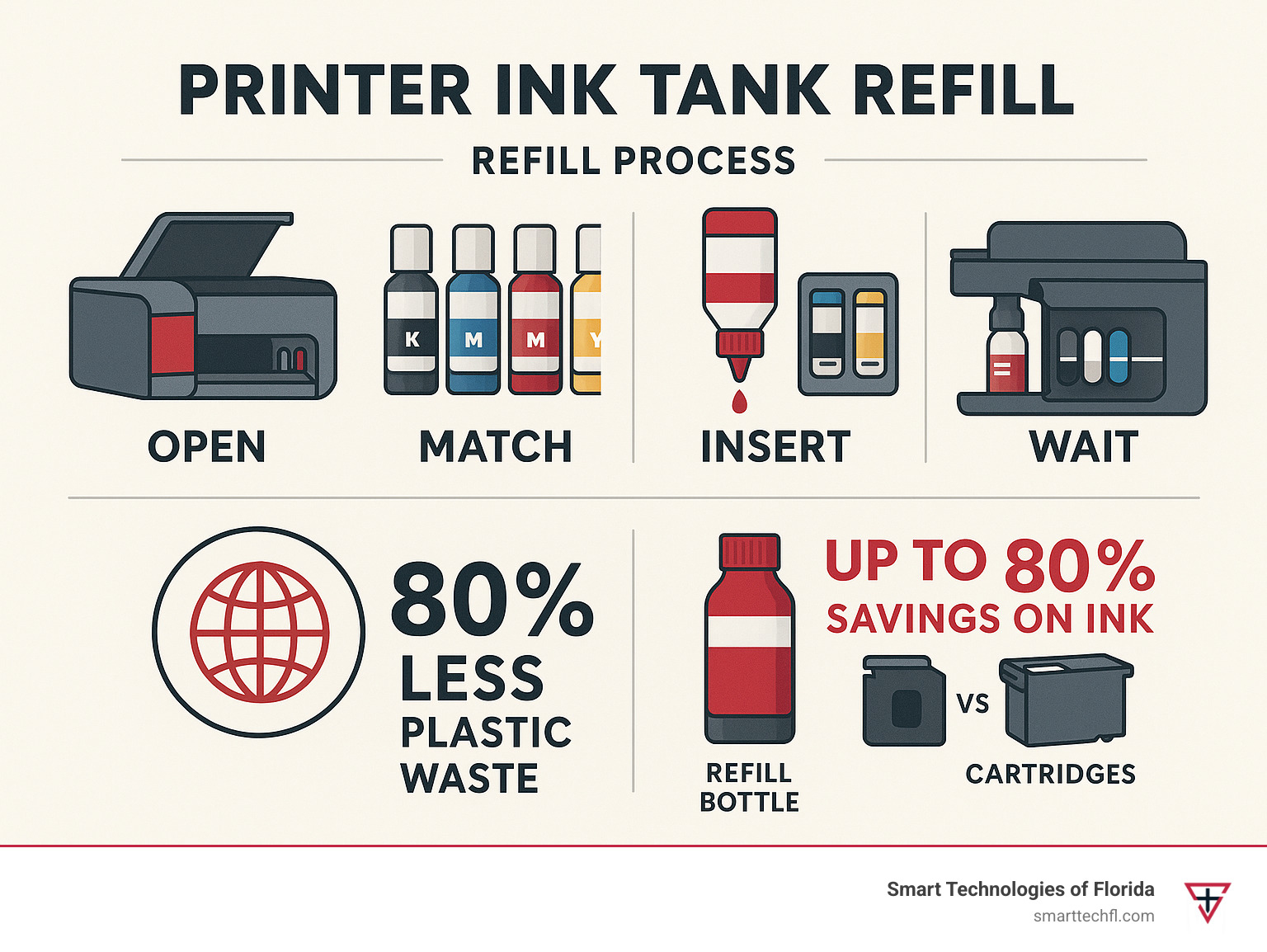 Comprehensive infographic showing printer ink tank refill process from opening tank cover through color-coded bottle insertion to automatic fill completion, including environmental benefits statistics and cost savings comparison between refill bottles versus traditional cartridges - printer ink tank refill infographic 