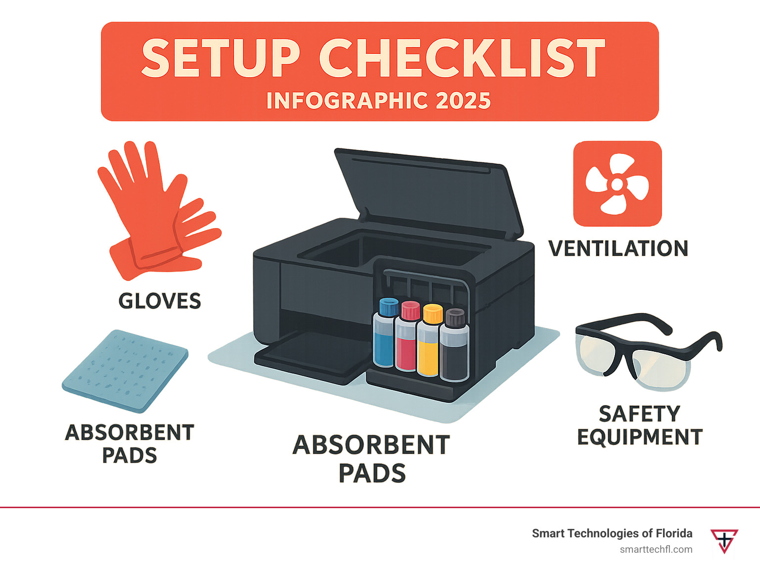 Setup checklist infographic showing workspace preparation with gloves, absorbent pads, proper ventilation, and safety equipment arranged around a printer with open ink tank cover - printer ink tank refill infographic 