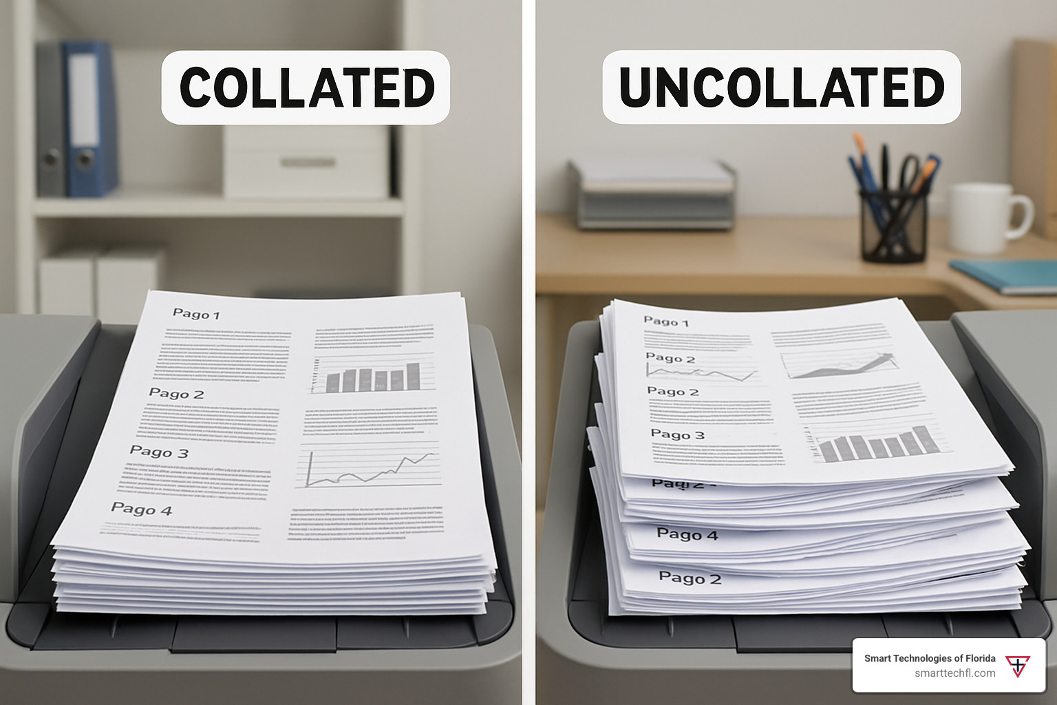 side-by-side comparison of collated and uncollated output stacks showing organized sets versus grouped pages - what does the collate print option mean side-by-side comparison of collated and uncollated output stacks showing organized sets versus grouped pages - what does the collate print option mean