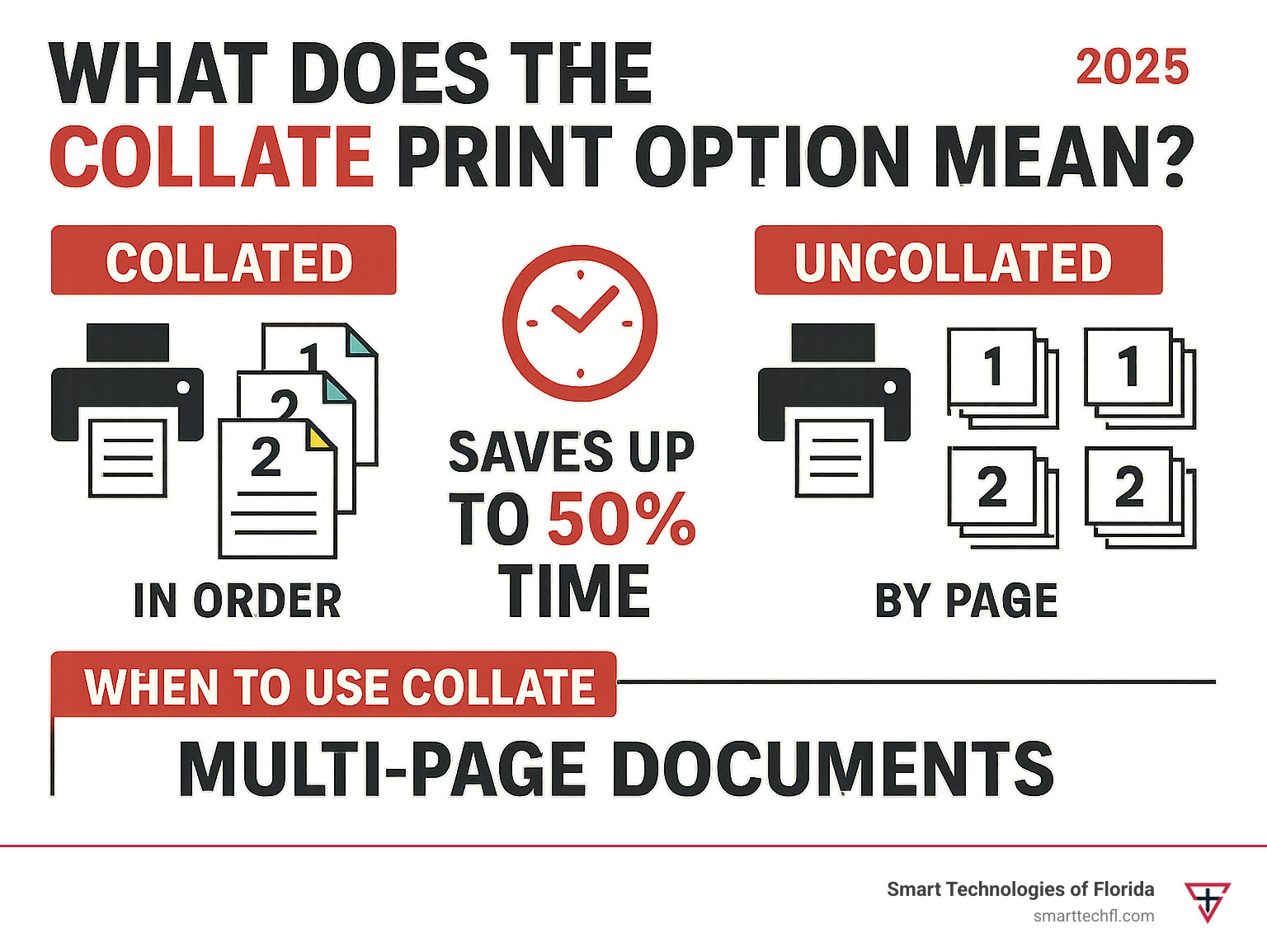 Infographic showing collated vs uncollated printing workflow with visual comparison of output stacks, time savings statistics, and when to use each option - what does the collate print option mean infographic  Infographic showing collated vs uncollated printing workflow with visual comparison of output stacks, time savings statistics, and when to use each option - what does the collate print option mean infographic