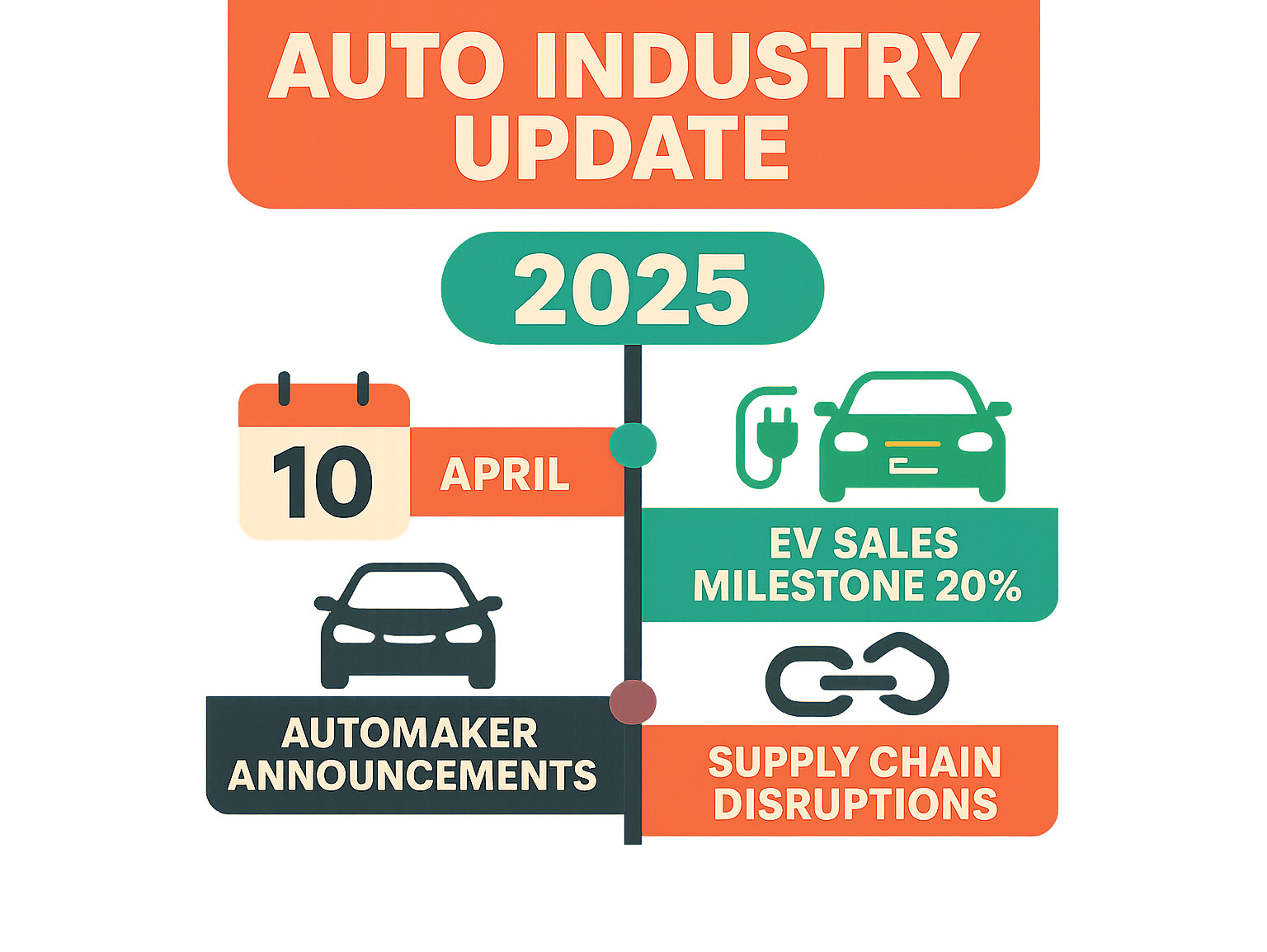 Infographic showing 2025 auto industry timeline with key tariff dates, EV sales milestones, major automaker announcements, and supply chain disruptions affecting vehicle availability and pricing - auto industry update infographic 