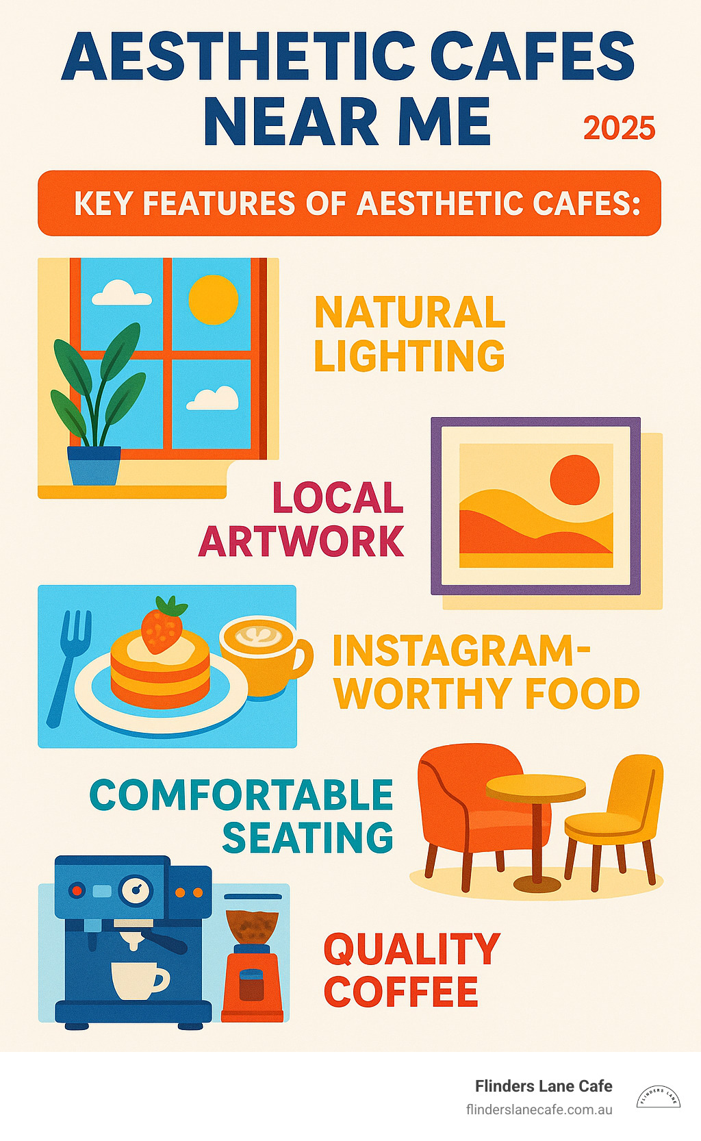 Infographic showing key elements of aesthetic cafes: natural lighting through large windows, curated local artwork on walls, Instagram-worthy food presentation, comfortable seating arrangements, and quality coffee equipment - aesthetic cafes near me infographic 