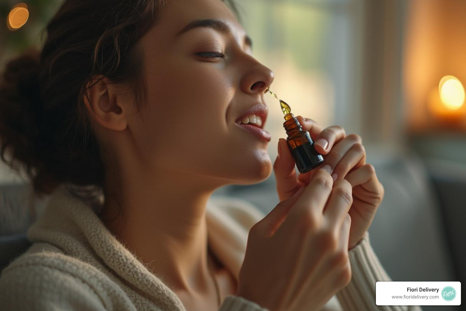 An image depicting a person calmly using a cannabis oil tincture, emphasizing relaxation and well-being. - cannabis oil deals