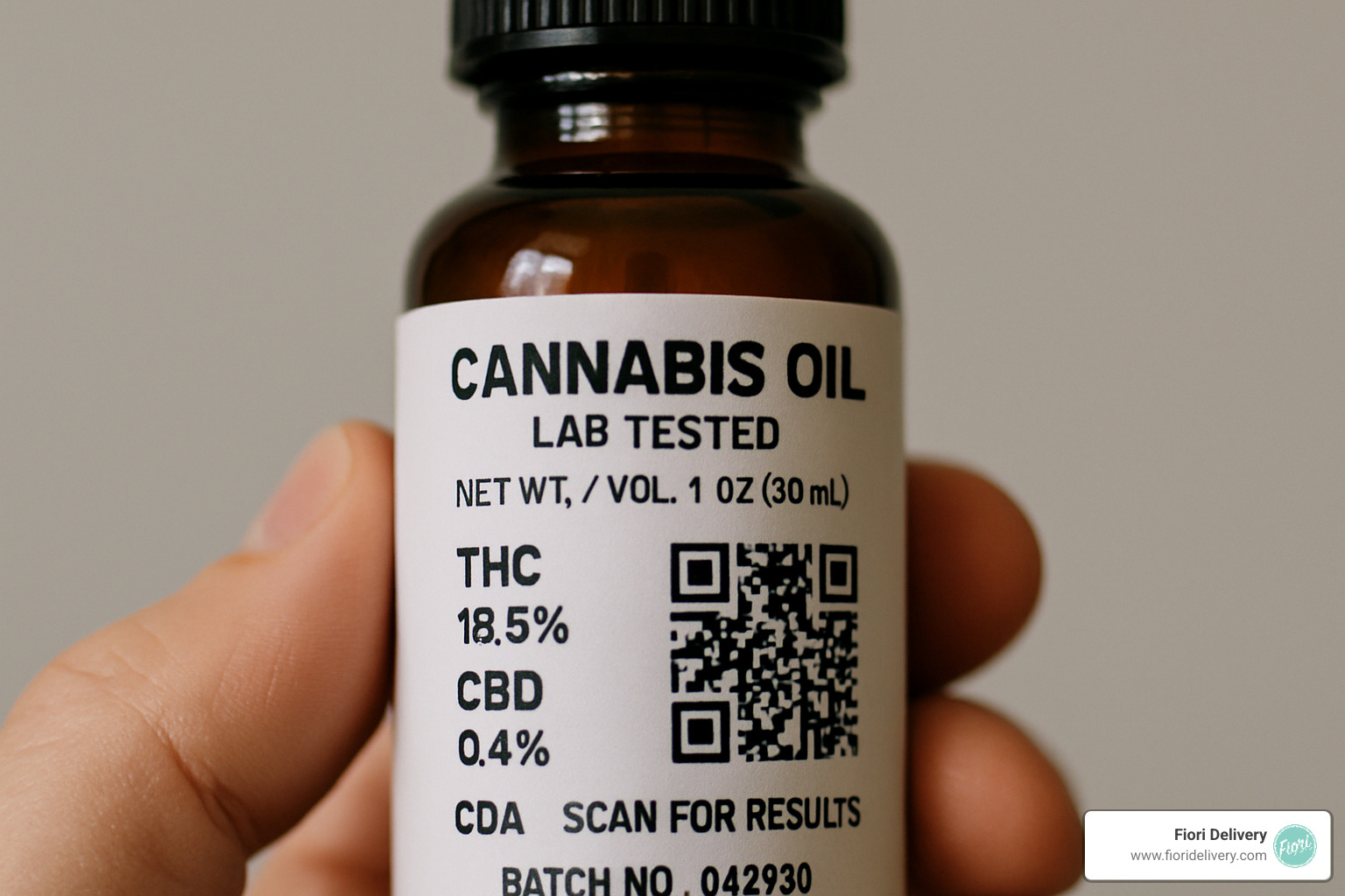 A close-up image of a cannabis oil product label clearly showing lab testing information or a QR code for COA. - cannabis oil deals