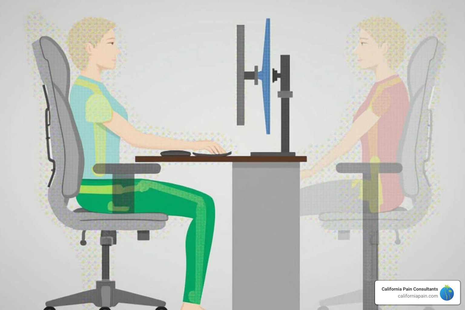 Ergonomic workstation setup demonstration - how to stretch lower back