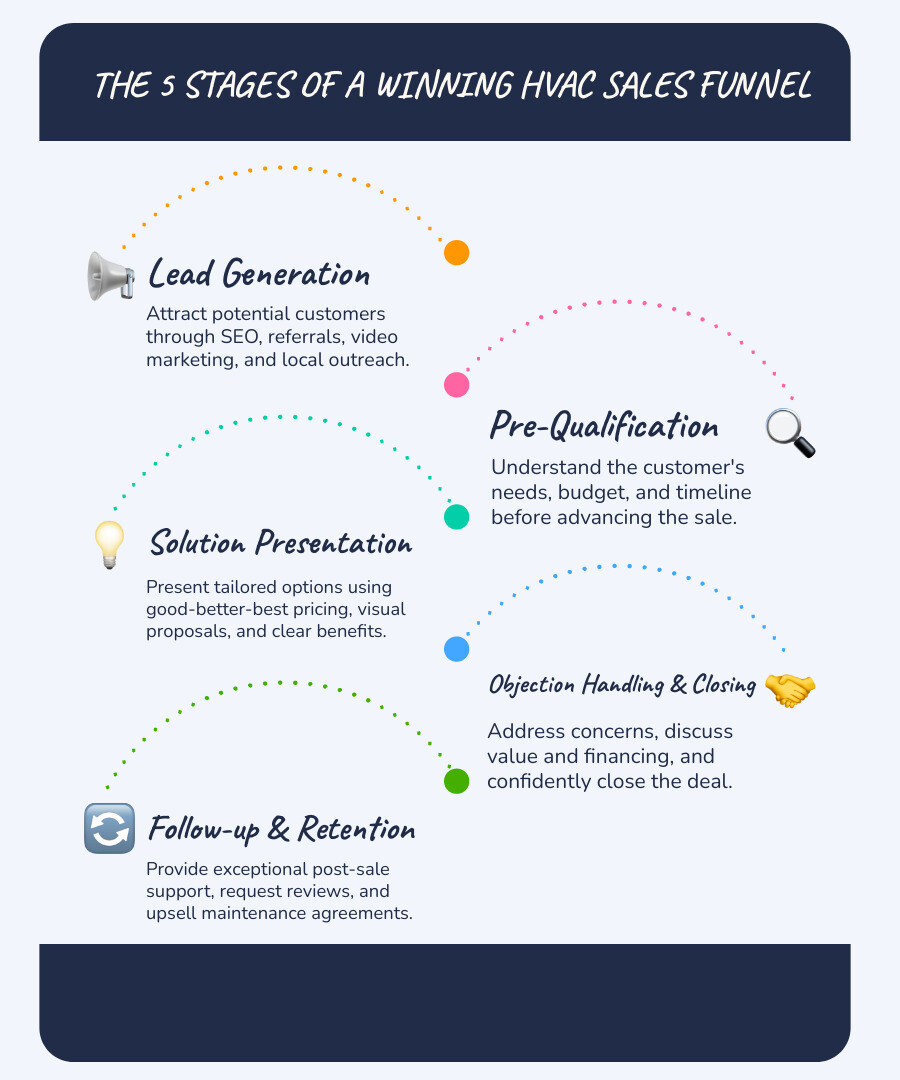 Infographic detailing the end-to-end HVAC sales funnel, from lead generation and pre-qualification to presenting solutions, overcoming objections, closing, and post-sale follow-up with a focus on continuous improvement. - HVAC Sales Strategies infographic infographic-line-5-steps-blues-accent_colors