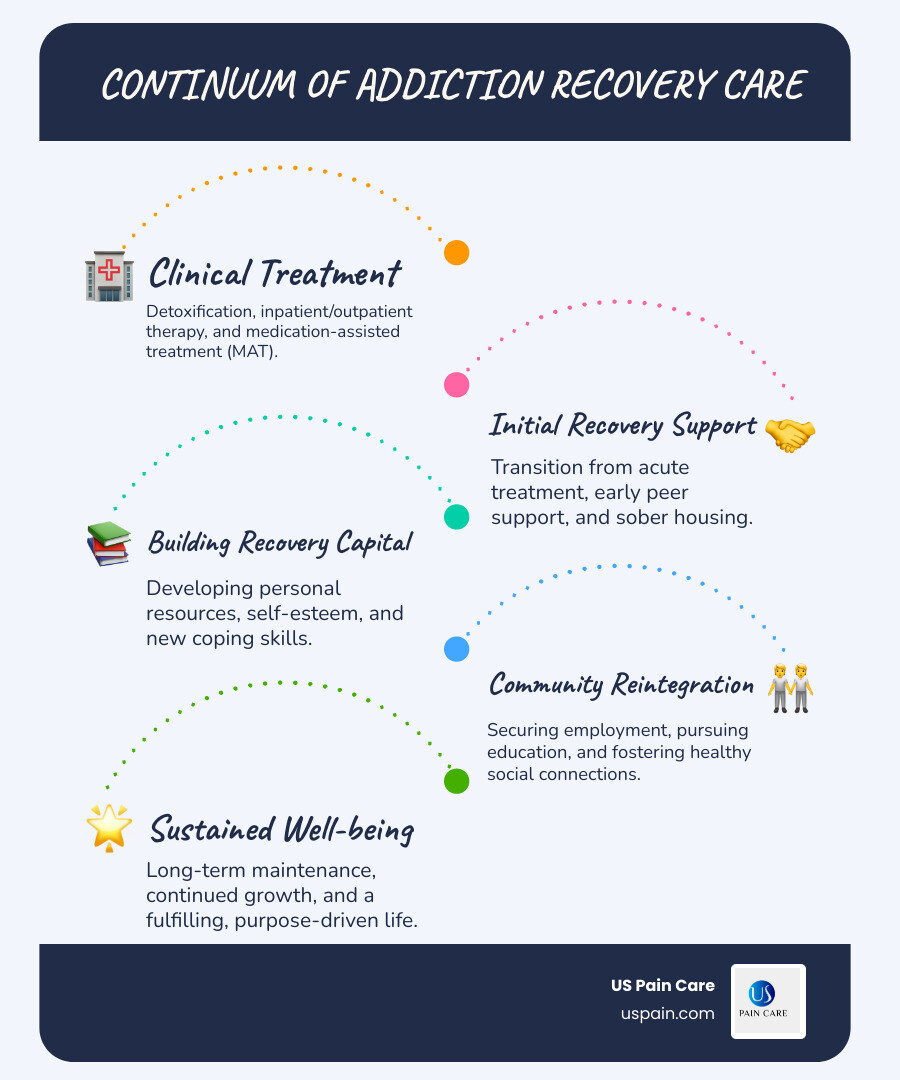 Infographic explaining addiction recovery support services including peer support, sober housing, employment assistance, and community engagement as complements to clinical treatment for sustained recovery - addiction recovery support infographic