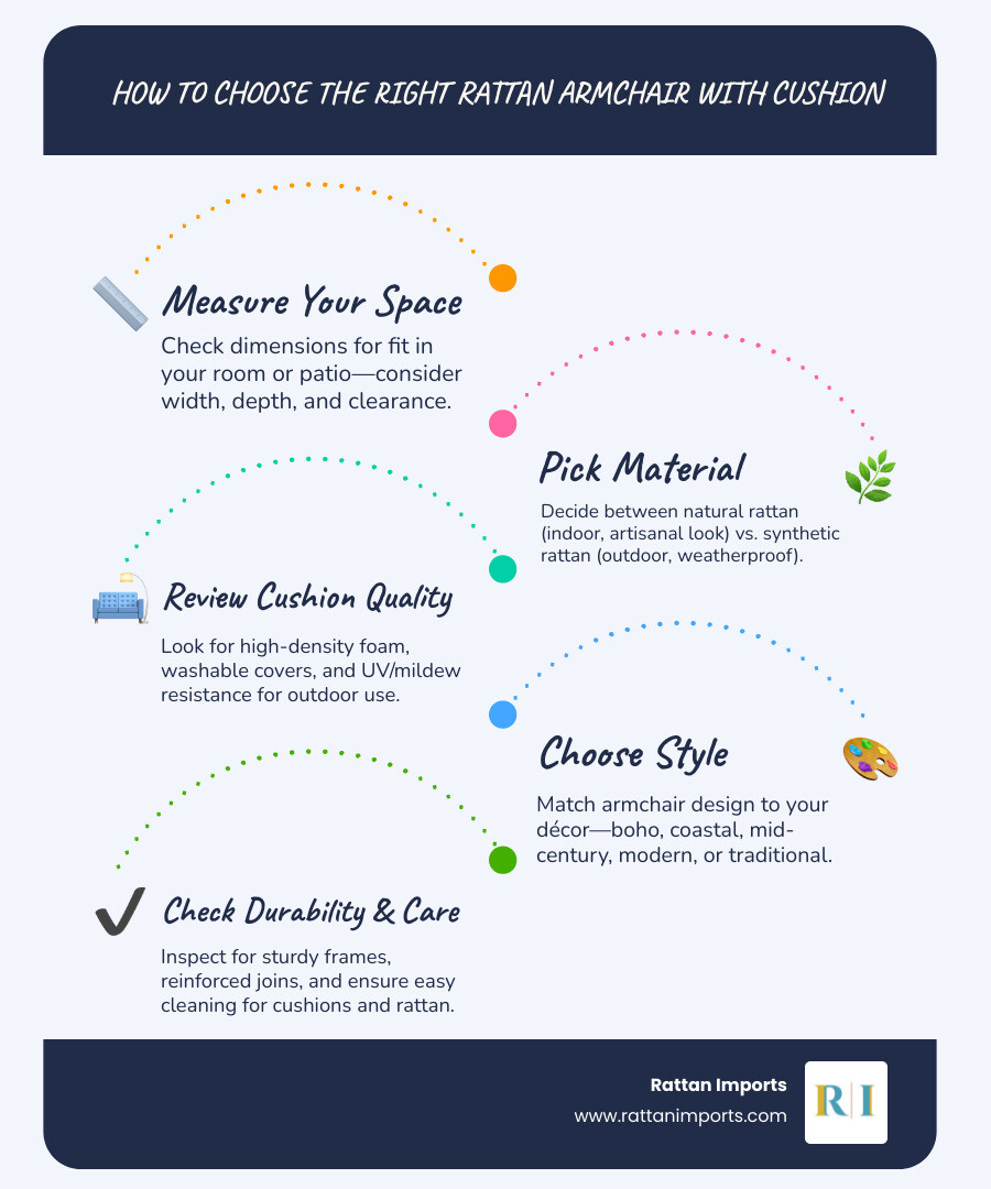 Infographic showing rattan armchair selection guide with dimensions, materials comparison between natural and synthetic rattan, cushion types, style matching for different room aesthetics, and maintenance requirements - rattan armchair with cushion infographic infographic-line-5-steps-blues-accent_colors
