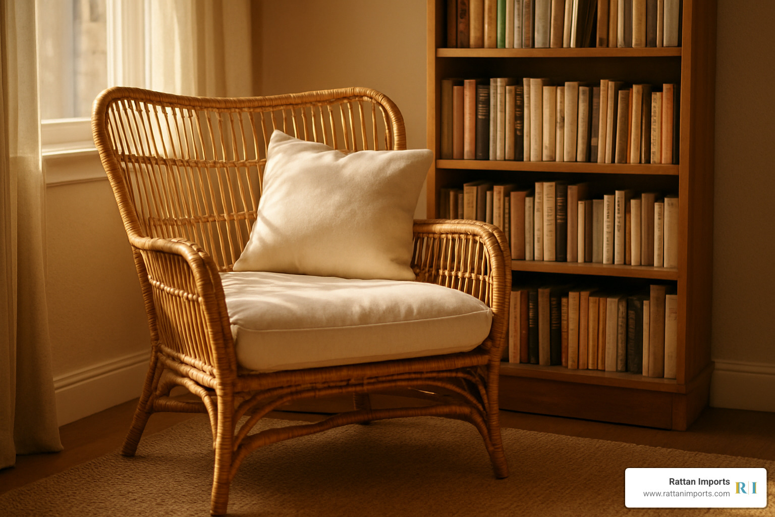 rattan armchair beside bookcase in cozy reading nook - rattan armchair with cushion