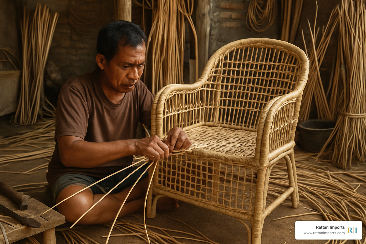 artisan crafting rattan armchair in Indonesian workshop - rattan armchair with cushion