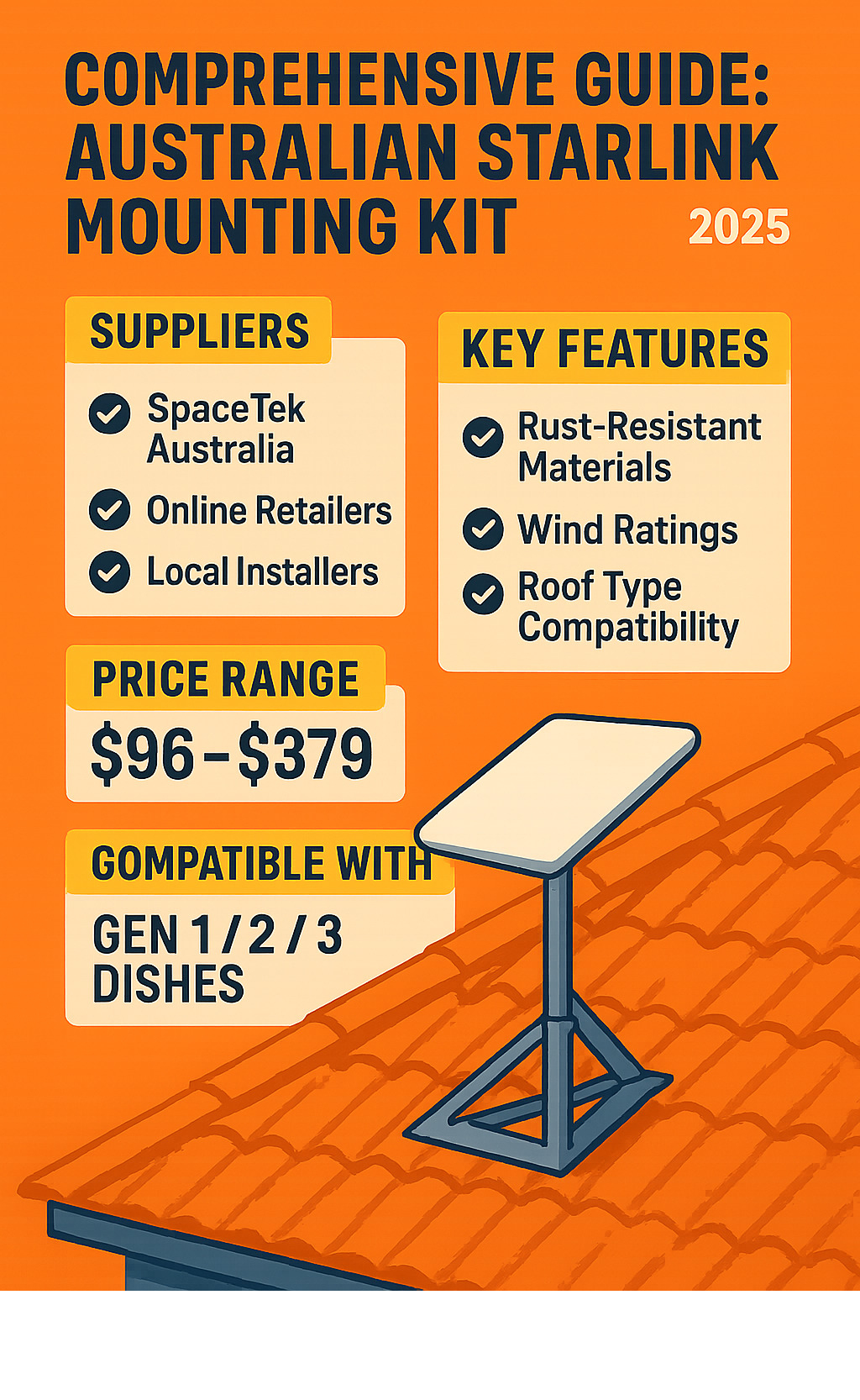 Comprehensive guide showing Australian Starlink mounting kit suppliers, price ranges from $96-$379, compatibility with Gen 1/2/3 dishes, and key features like rust-resistant materials, wind ratings, and roof type compatibility - Where to buy Starlink mounting kit in Australia infographic 