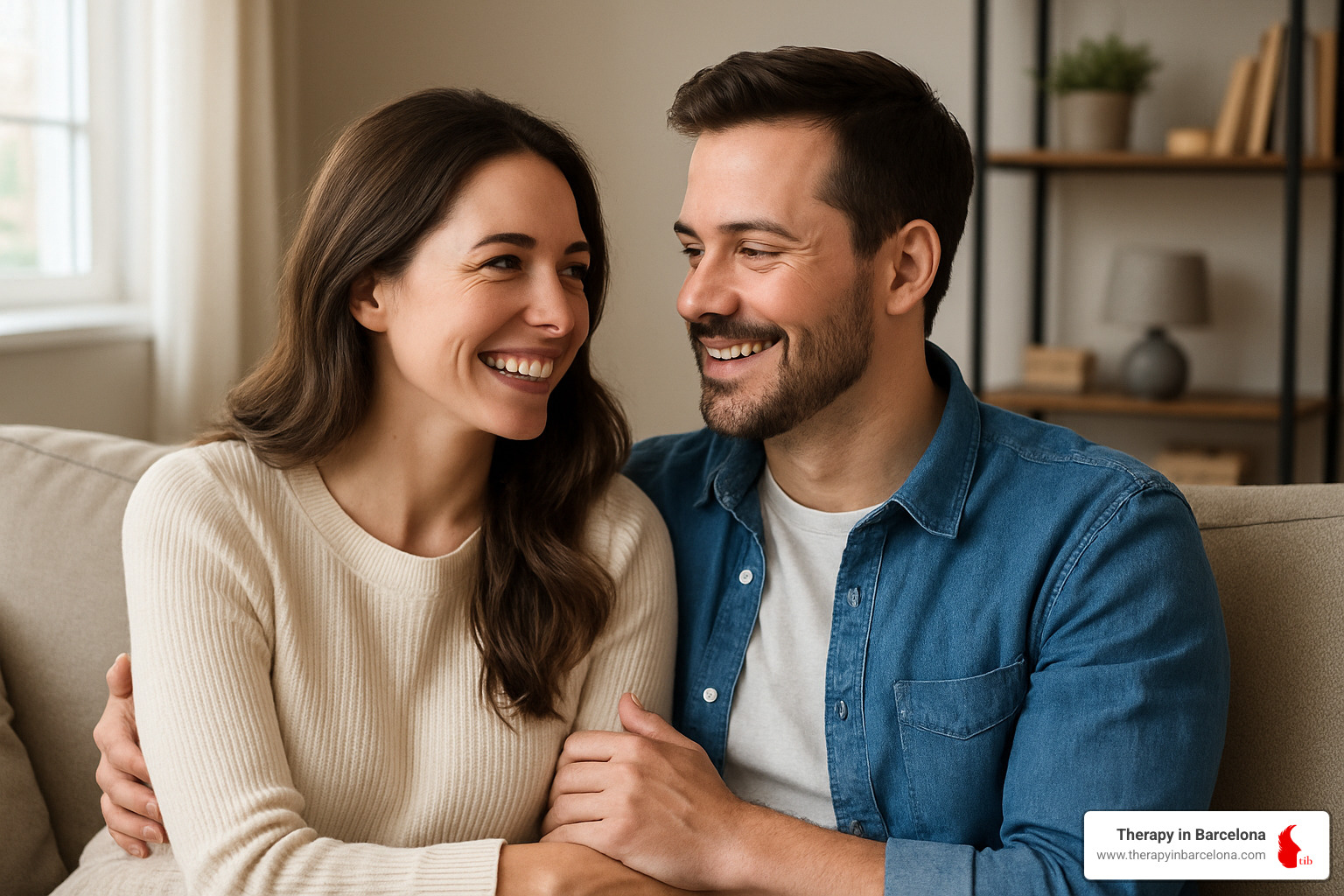 A couple smiling and looking at each other, showing positive connection - active listening couples therapy