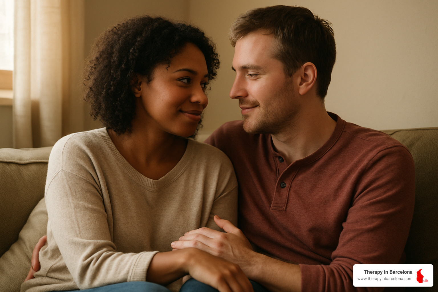 A couple sits close, looking into each other's eyes with a gentle expression, highlighting connection. - trust building exercises for couples A couple sits close, looking into each other's eyes with a gentle expression, highlighting connection. - trust building exercises for couples