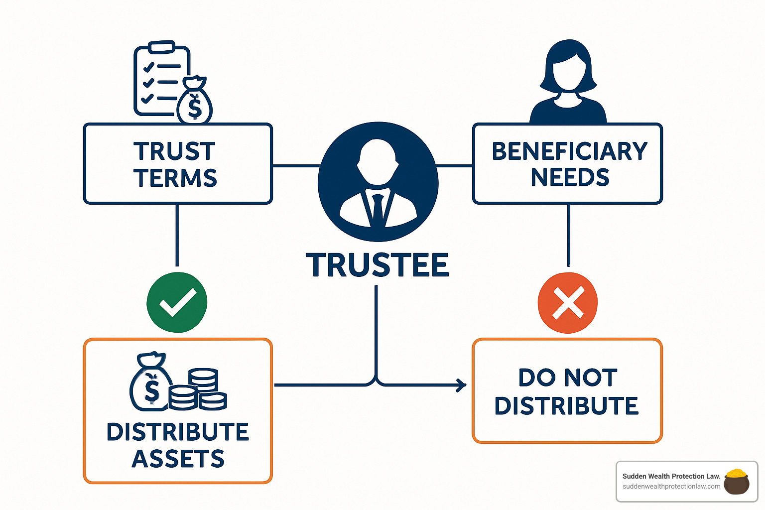 Image of a trustee decision tree, illustrating the decision-making process for a trustee based on trust terms and beneficiary needs. - trusts for dummies