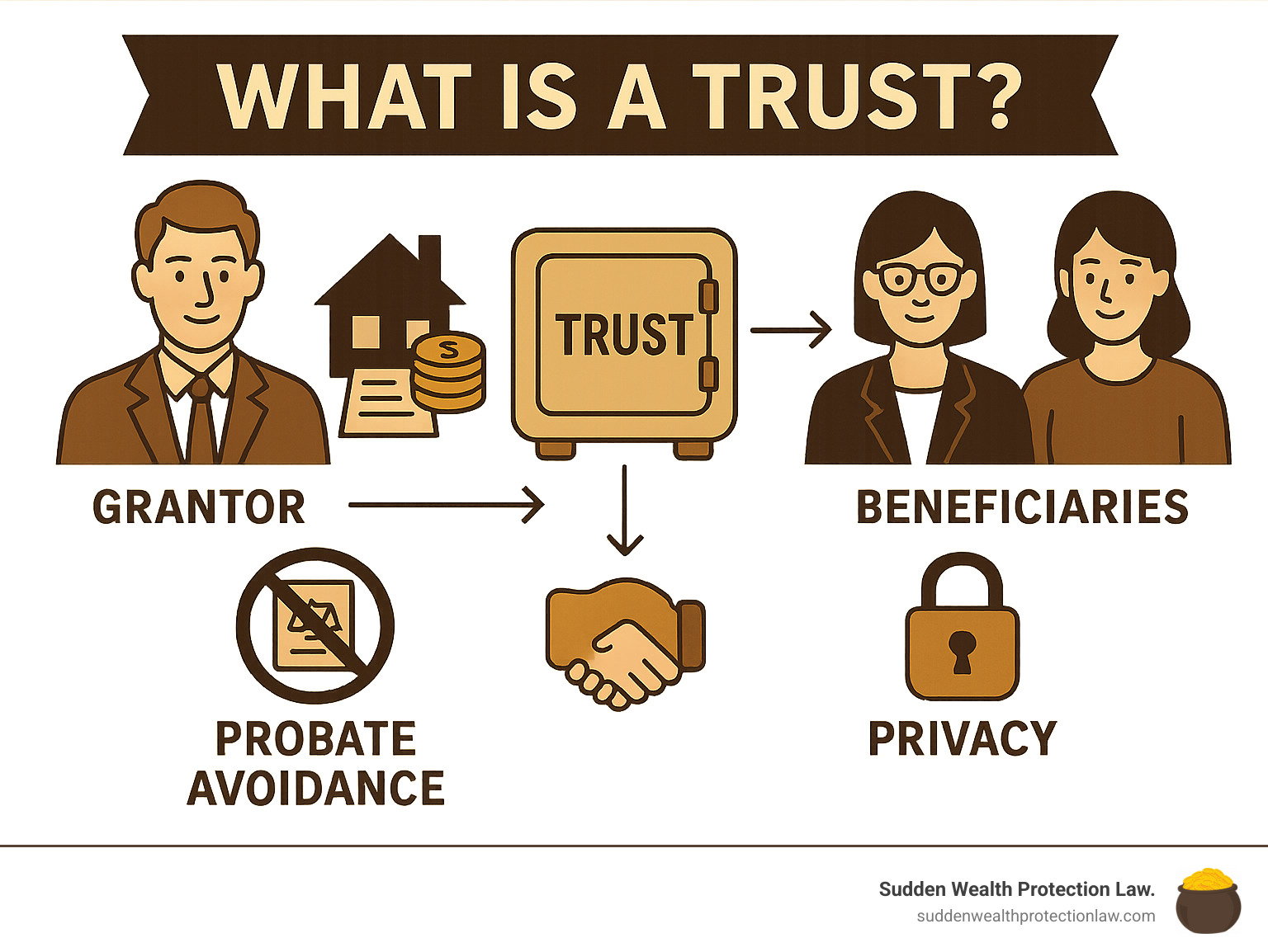 Infographic explaining the core concept of a trust, showing the grantor placing assets into a trust, managed by a trustee, for the benefit of beneficiaries, and highlighting benefits like probate avoidance and privacy. - trusts for dummies infographic 
