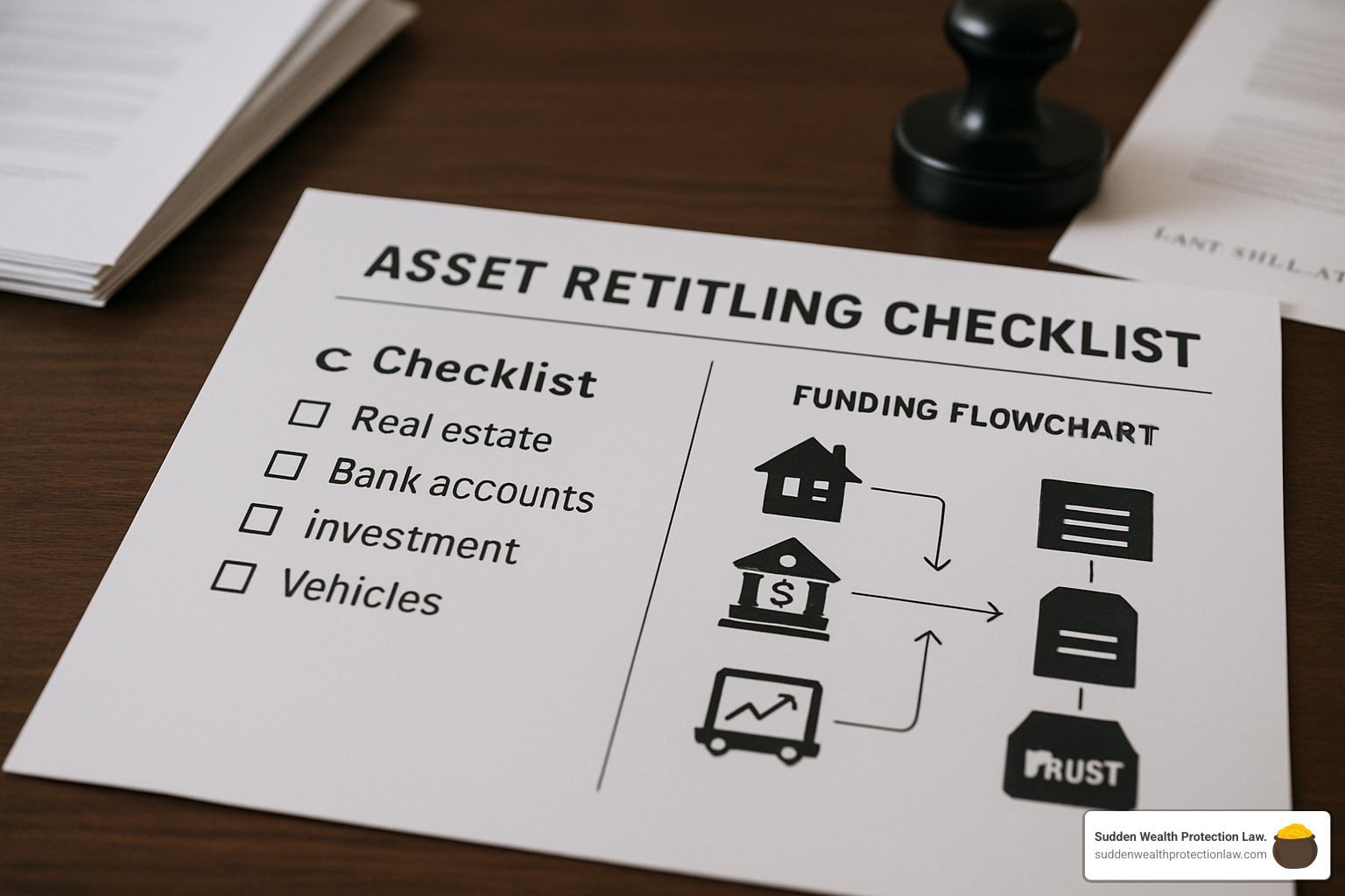 Image of an asset retitling checklist and a funding flowchart. - trusts for dummies