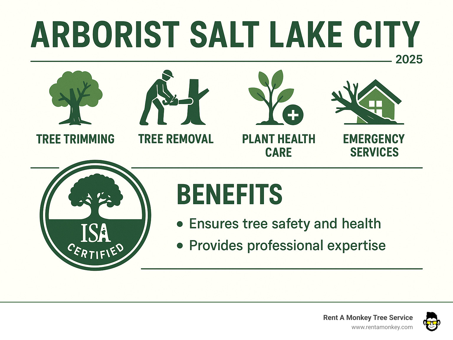 Infographic detailing the key services provided by certified arborists in Salt Lake City, including tree trimming, tree removal, plant health care, and emergency services, alongside the benefits of hiring an ISA-certified professional for tree safety and health. - arborist salt lake city ut infographic 