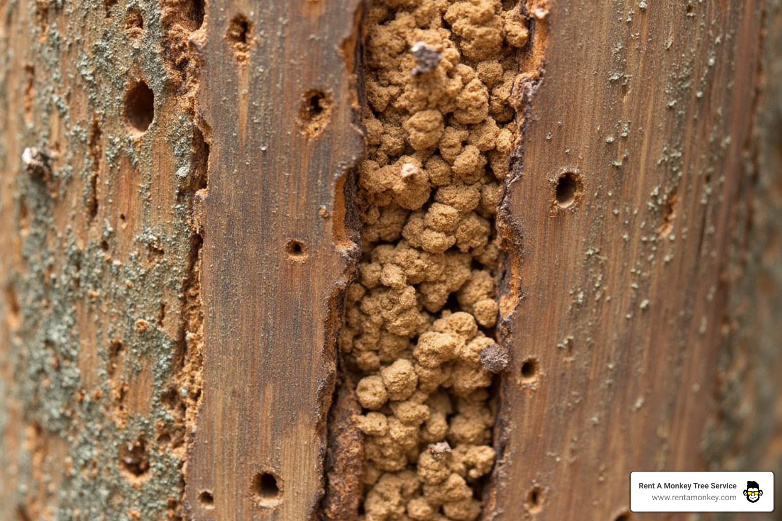 Close-up image of bark beetle damage on a tree trunk, showing characteristic boring holes and sawdust - arborist salt lake city ut