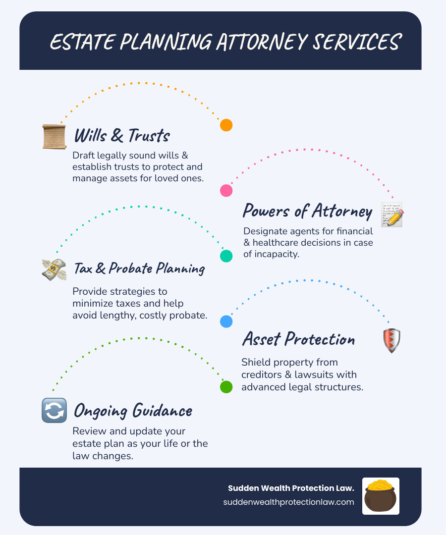 Comprehensive breakdown of estate planning attorney services including wills, trusts, powers of attorney, healthcare directives, tax planning, and asset protection strategies with associated costs and timelines - Estate planning attorneys infographic infographic-line-5-steps-blues-accent_colors