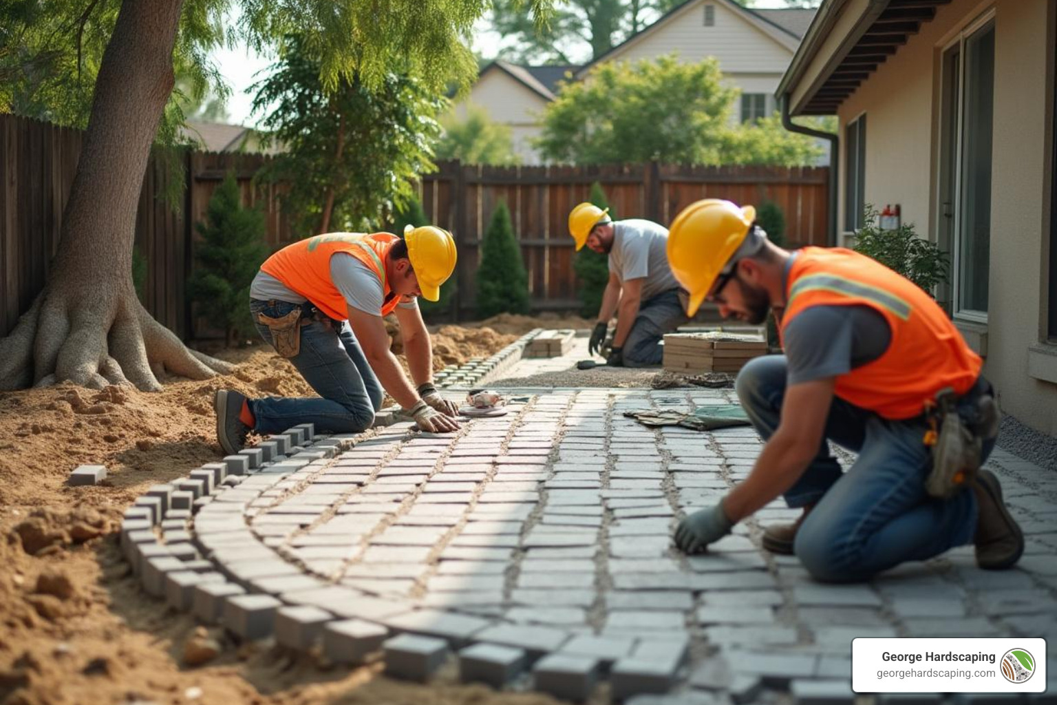 Professional construction crew installing interlocking pavers on prepared gravel base with proper spacing and alignment tools visible - backyard patio builders