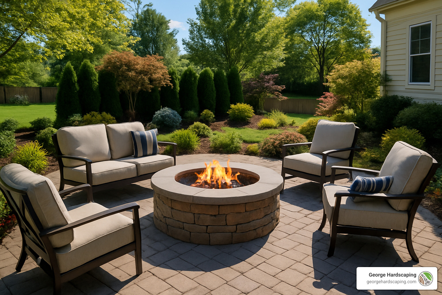 Built-in stone fire pit surrounded by curved seating wall and decorative paver patio with ambient lighting in evening setting - backyard patio builders