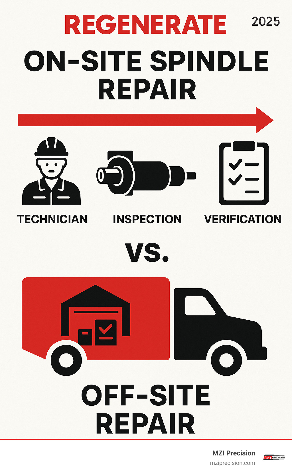 Detailed comparison infographic showing on-site spindle repair process timeline from technician arrival to production restart, including equipment setup, inspection phases, grinding operations, and quality verification steps compared to traditional off-site repair workflow - on site spindle repairs infographic 
