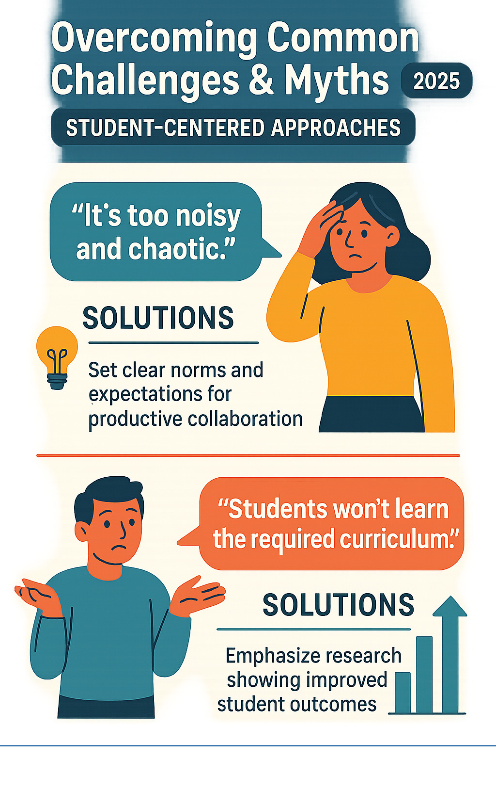 Infographic showing common concerns about student-centered learning and practical solutions for implementation - student centered approaches infographic Infographic showing common concerns about student-centered learning and practical solutions for implementation - student centered approaches infographic