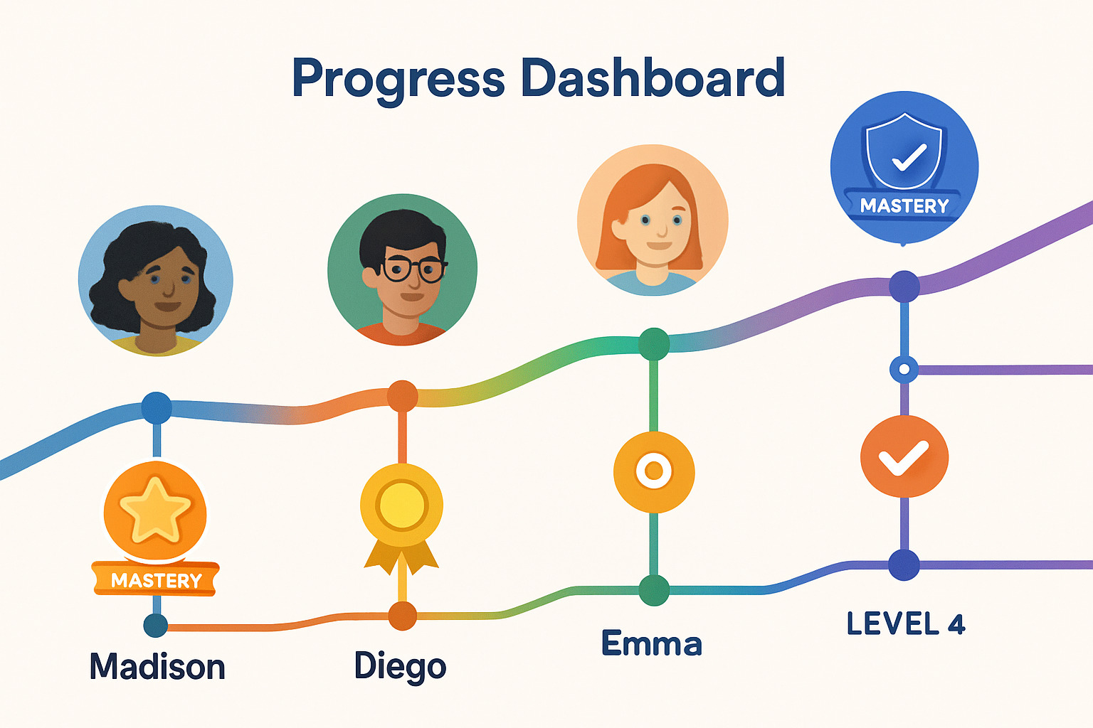 Progress dashboard showing student advancement through learning levels with badges and achievement markers - student centered approaches Progress dashboard showing student advancement through learning levels with badges and achievement markers - student centered approaches