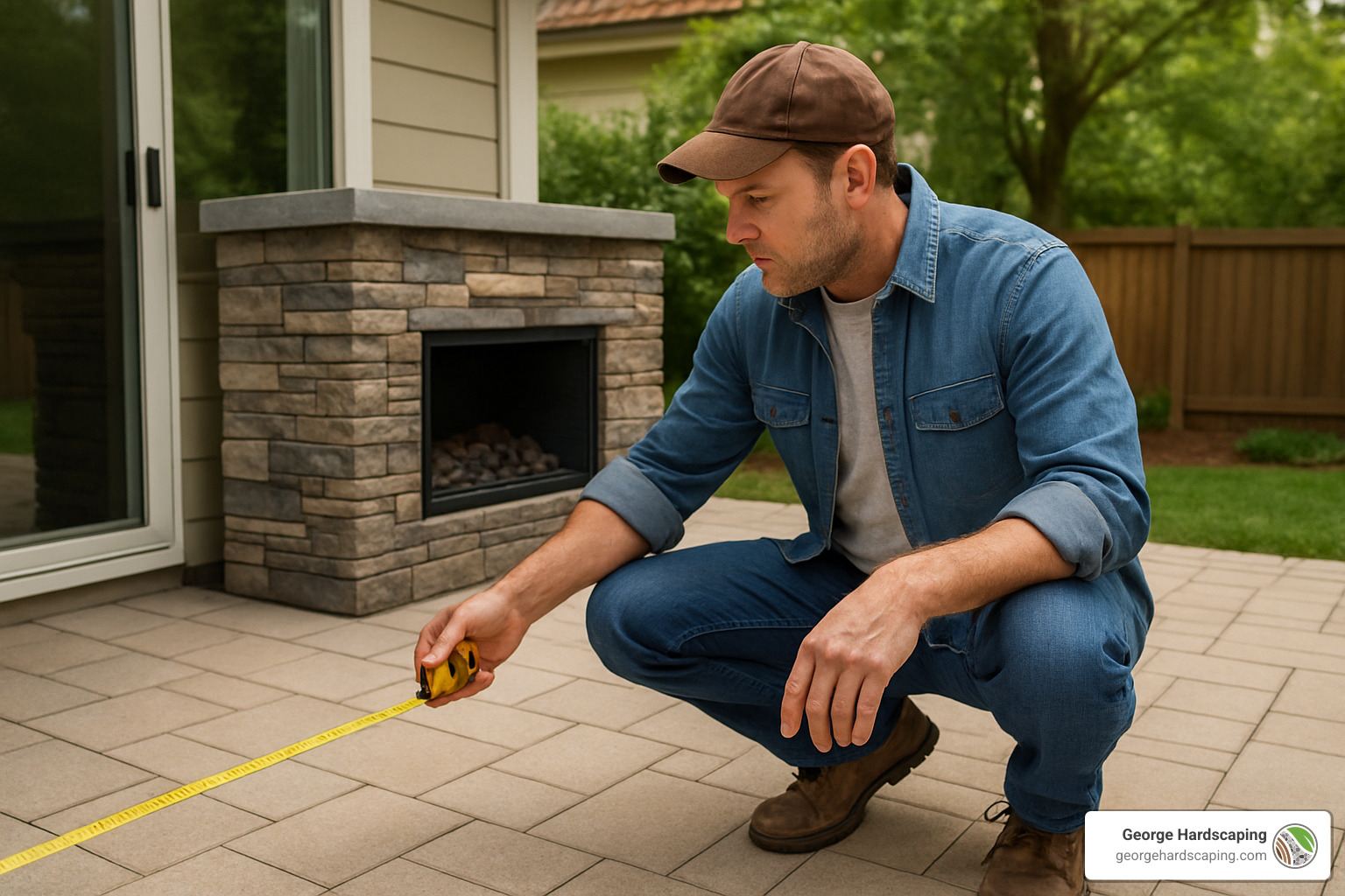 homeowner measuring patio space for fireplace installation - how to build an outdoor gas fireplace