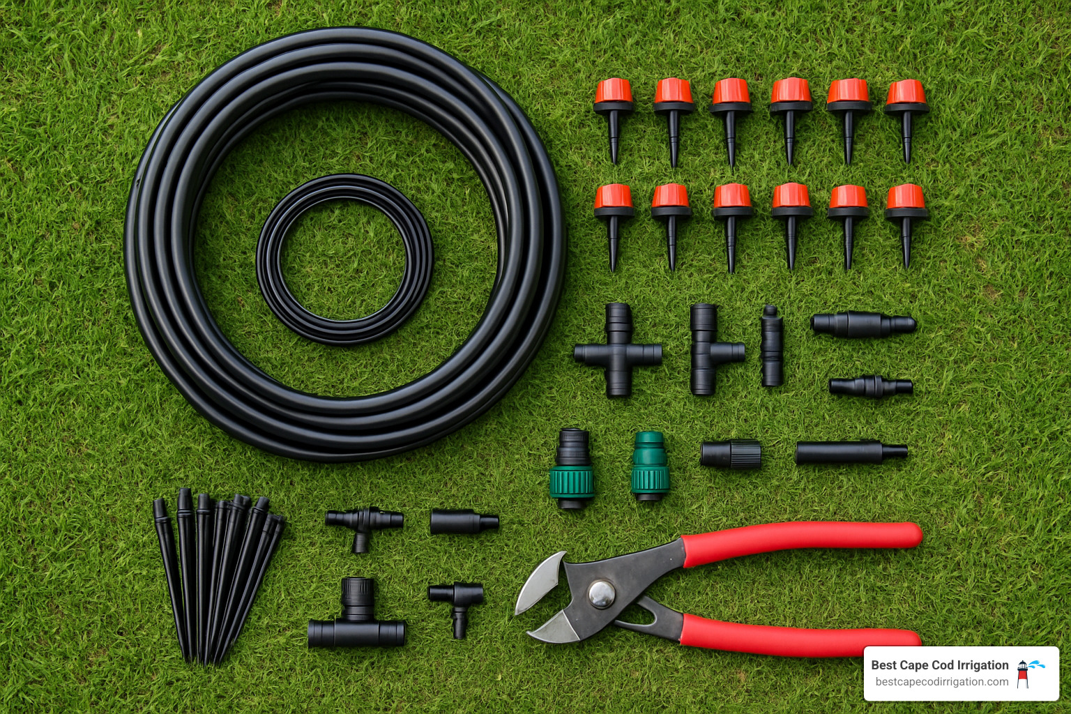 All necessary drip irrigation components laid out on a lawn including tubing, emitters, fittings, and tools - Drip Irrigation System installation