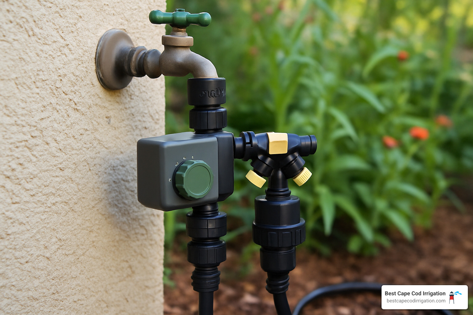 Fully assembled head unit connected to a spigot showing proper component order and connections - Drip Irrigation System installation