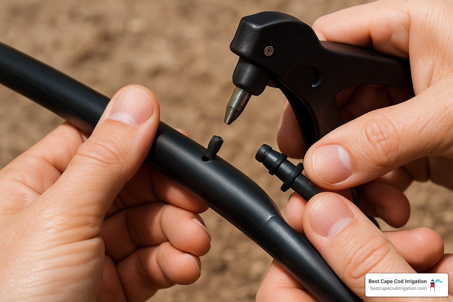 Demonstration of punching a hole in tubing and inserting a barbed fitting with proper technique - Drip Irrigation System installation
