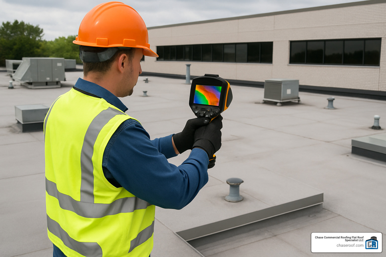 Contractor performing a thermal imaging scan on a flat roof - commercial roof contractor